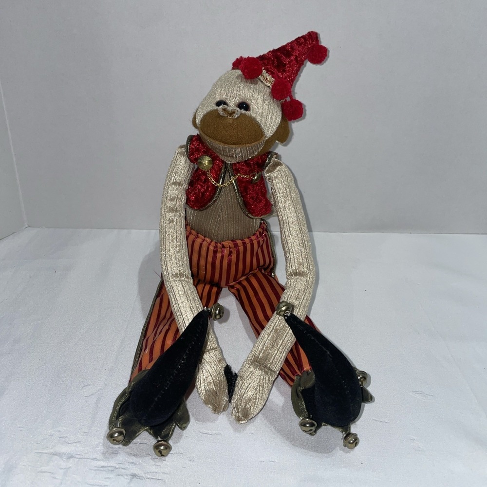 Mark Roberts Collection Jester Monkey Plush Holiday Decor Red Velvet Striped